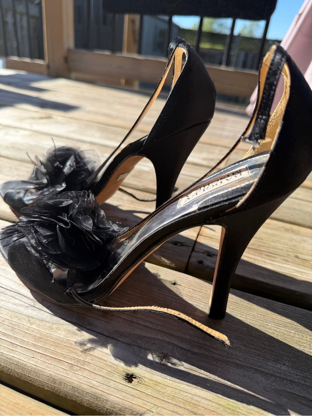 Badgley Mischka Black Floral Heels Size 11M Satin Stiletto Sandals